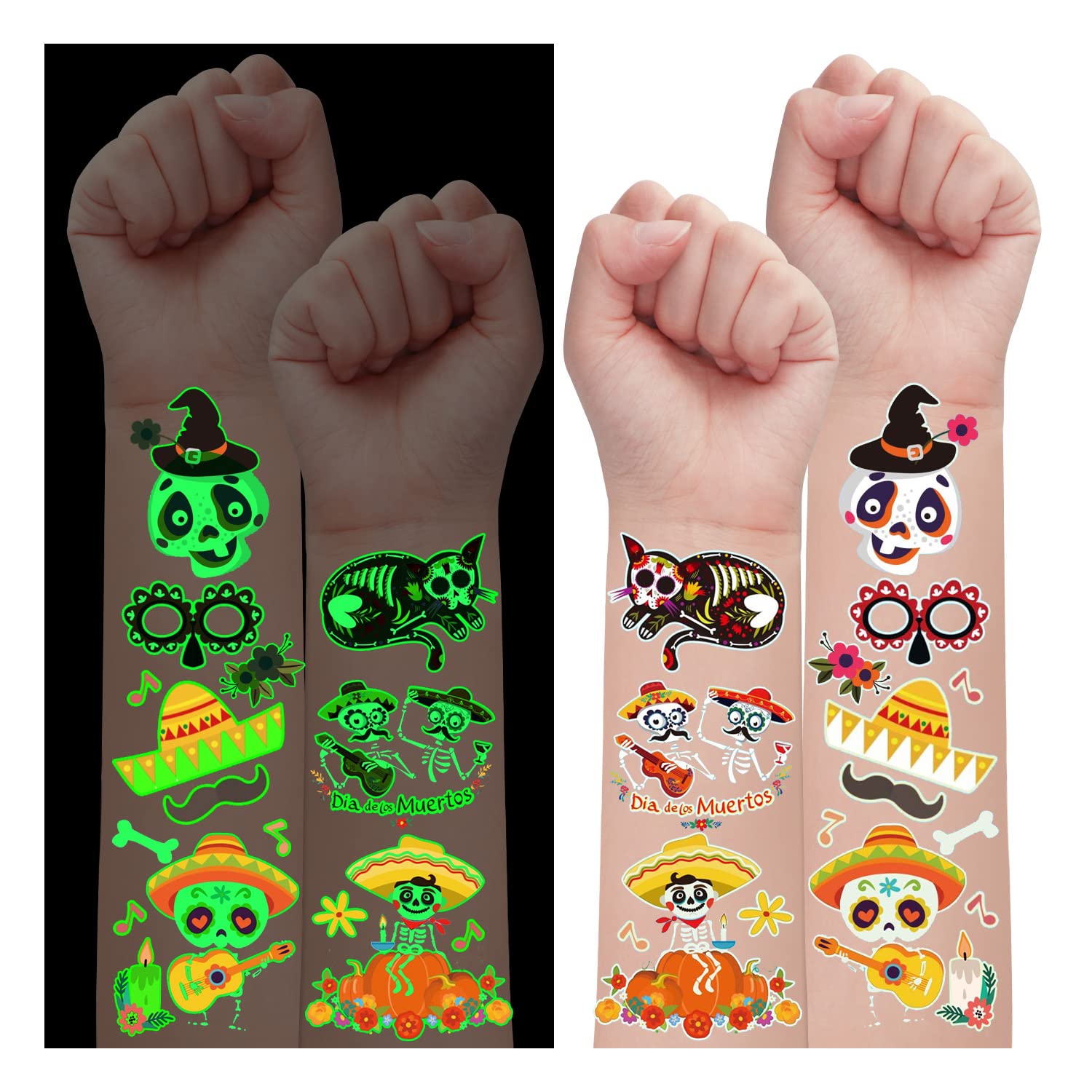 PARTYWIND 100 Styles Luminous Day of the Dead Tattoos for Kids, Glow Halloween Day of the Dead Decorations Party Supplies Favors, Halloween Day of the Dead Costume Makeup