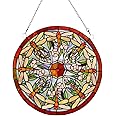 Makenier Vintage Art Nouveau Tiffany Style Stained Glass Round Dragonfly Window Hanging Window Panel Widnow Pane Window Wall Decor Decoration
