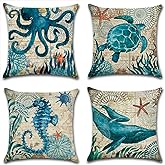 ULOVE LOVE YOURSELF Mediterranean Style Throw Pillow Case Sea Theme Decorative Square Cotton Linen Coastal Cushion Cover for 18 X 18 Inch Pillow Inserts, 4Pack Nautical Pillow Covers