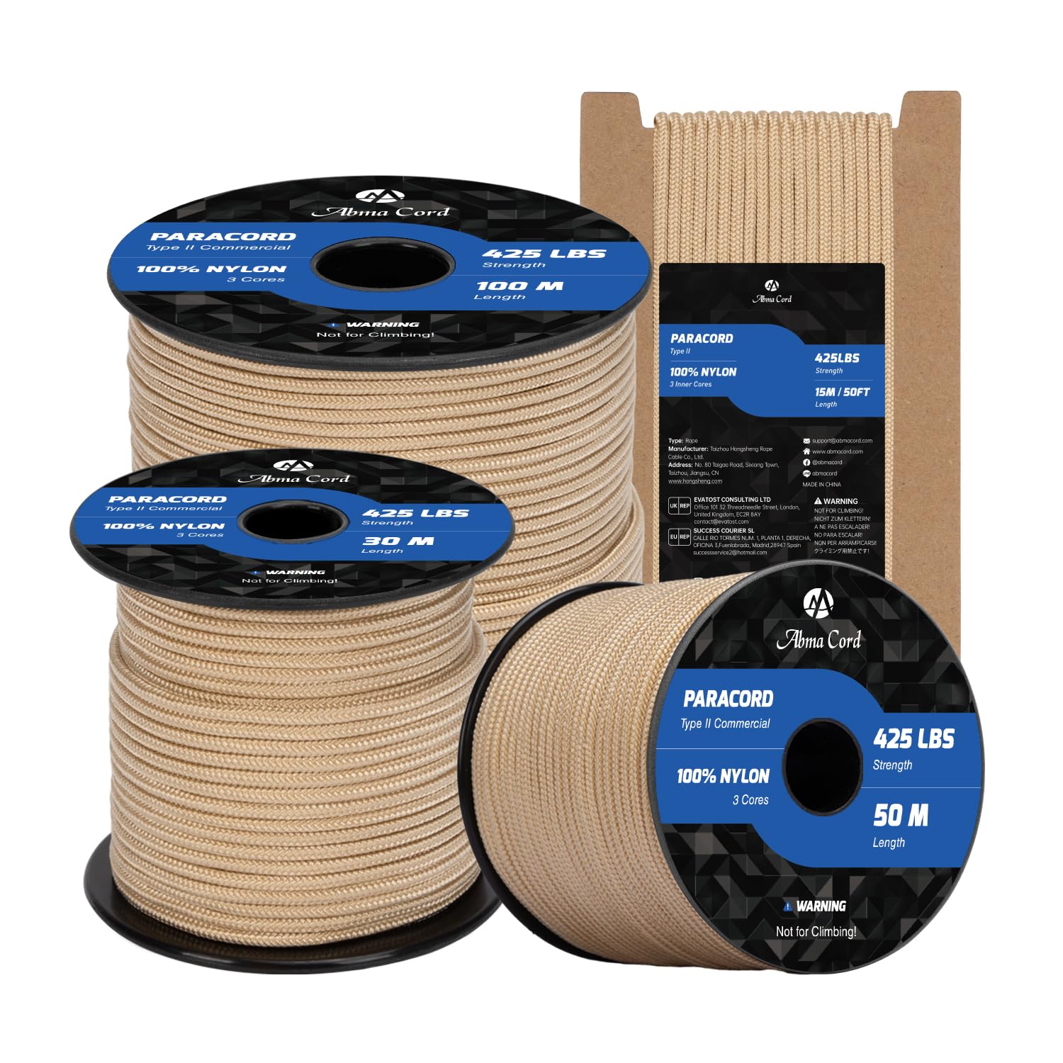 Abma Cord Paracord 3mm 50m 100% Nylon Rope Type II 3 Strands Parachute Cord - Max. 192kg (425lbs) - Khaki