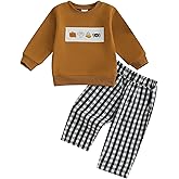 Fufuriprefer Toddler Baby Boy Halloween Outfit Pumpkin Embroidery Long Sleeve Sweatshirt & Plaid Pant Set Fall Clothes