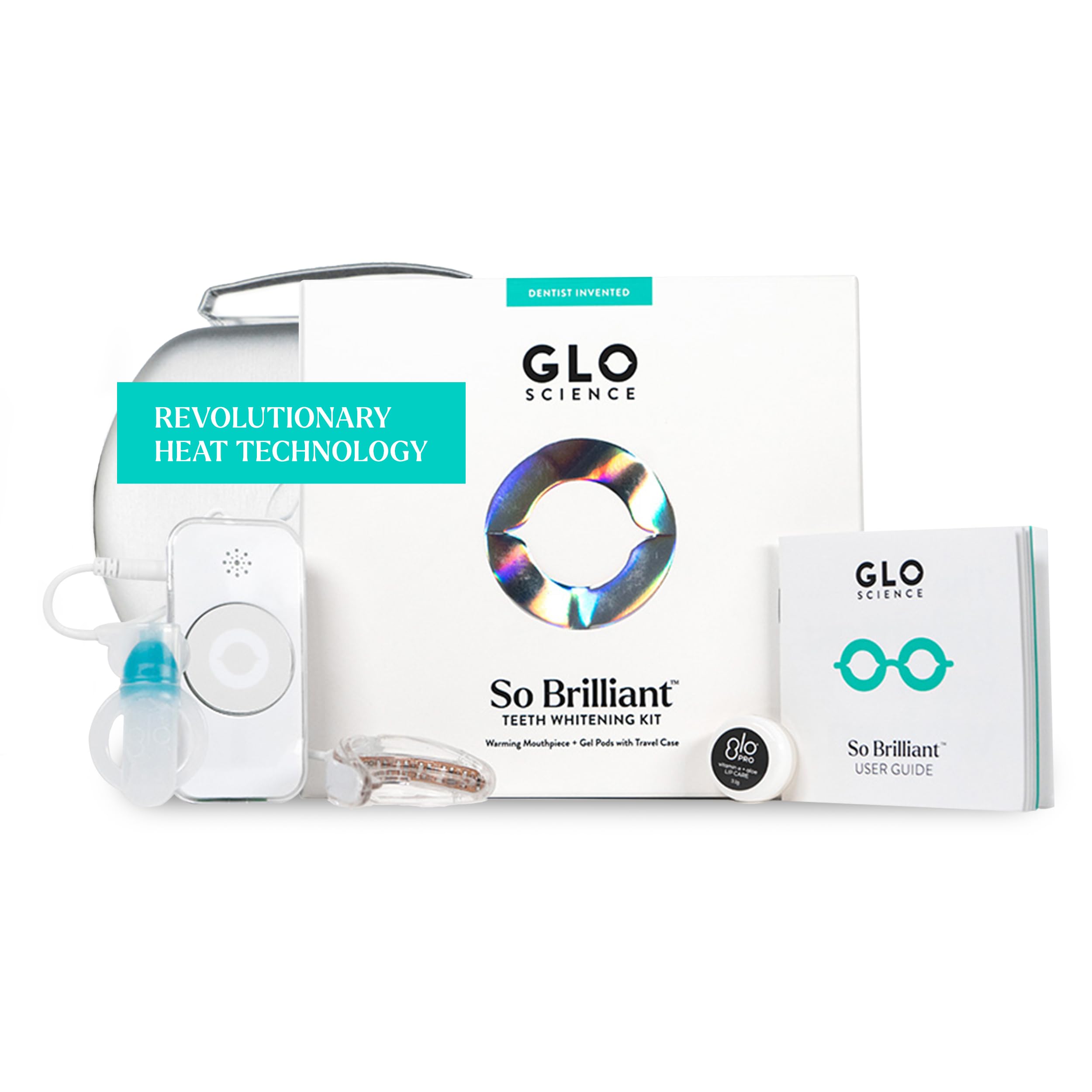 Photo 1 of GLO Science So Brilliant Tooth Whitener Set – Unique Heat Technology for Fast, Sensitivity Free Teeth Whitening – Patented Mouthpiece with LED Light, Gel Pods with 6% HP, Lip Balm, & Travel Case