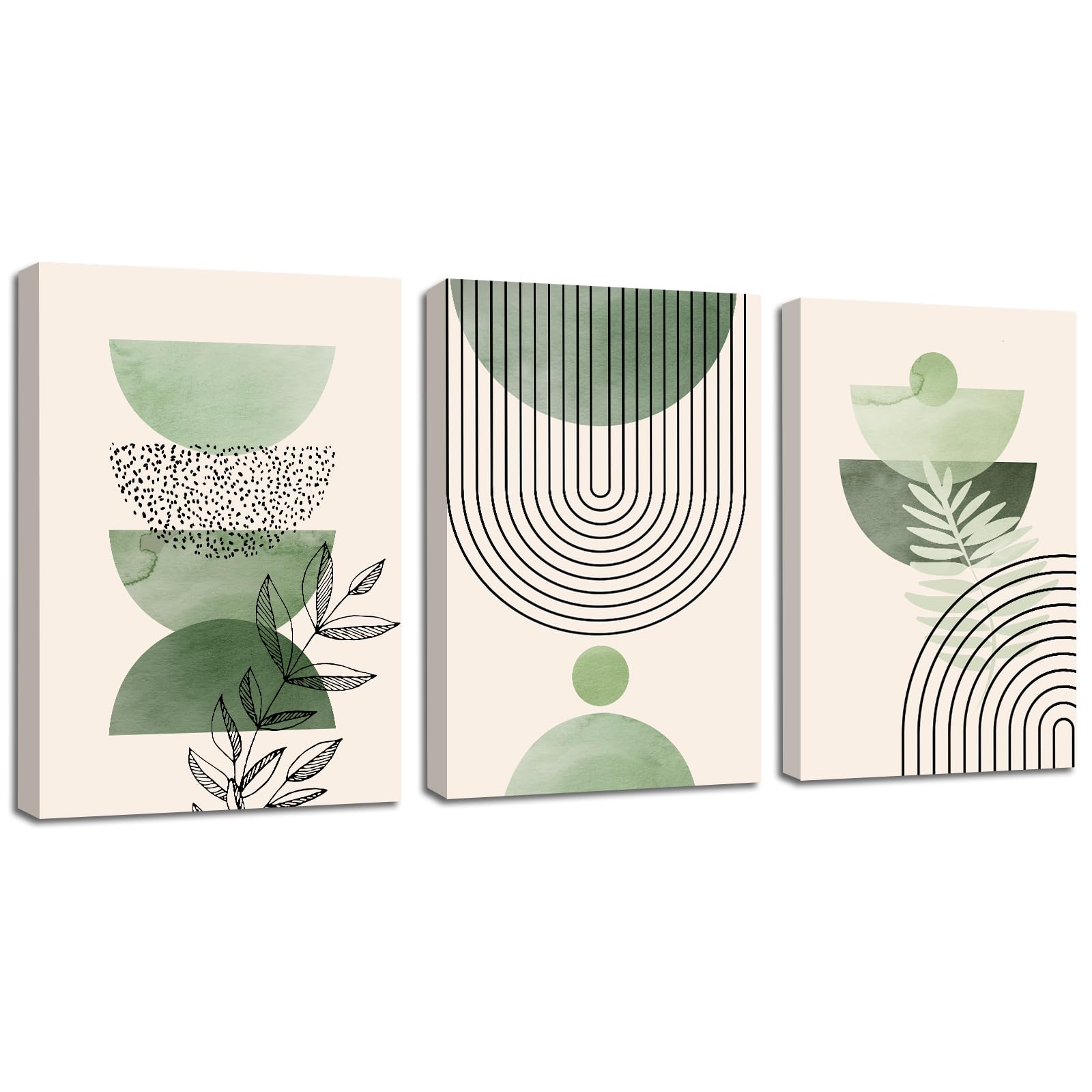 3 Panels Framed Sage Green Canvas Wall Art, Modern Aesthetic Green Plant Wall Art Boho Home Decor Poster Canvas Painting Wall Decor for Bedroom Living Room Office Ready to Hang 30cm x 40cmx3 Pcs