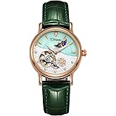 DoniRudy Women's Automatic Watch with Moon Phase & Flower Second Hand, 34mm Rose Gold Skeleton Mother of Pearl Dial, Diamond Bezel, Genuine Leather Strap