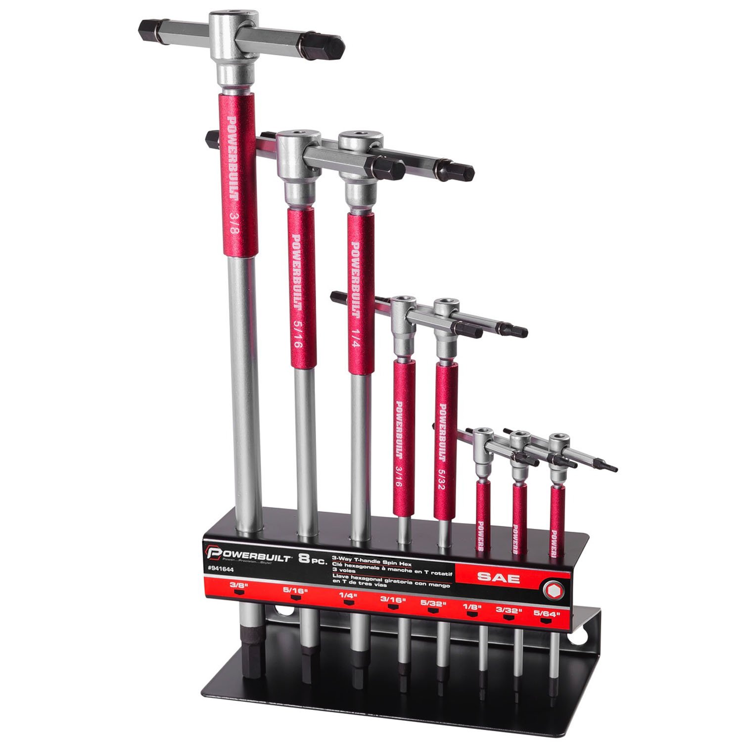 Photo 1 of Powerbuilt 8 Pc SAE T-Handle Hex Allen Key Wrench Set w/ Speed Sleeves for Fast Spinning Action, Sliding Top Handle for “T” or “L” Shape, Long Shafts, Storage Rack, Auto, Bicycle, Moto - 941644 , Red