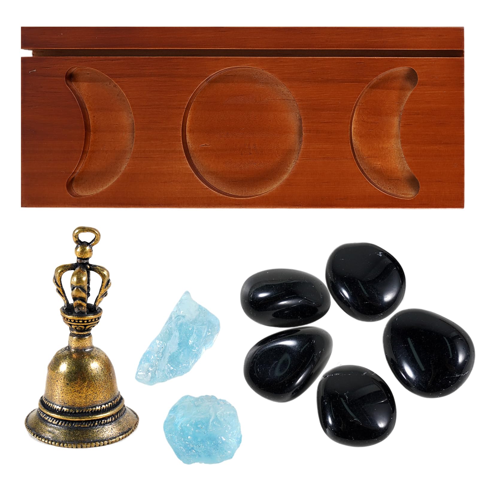 Soulnioi Tarot Card Holder Stand Crystal Display Moon Tray, 5pcs Obsidian Polished Raw Stones, 2pcs Aquamarine Unpolished Crystal Stones, Divination Bells, for Witch Altar Decor