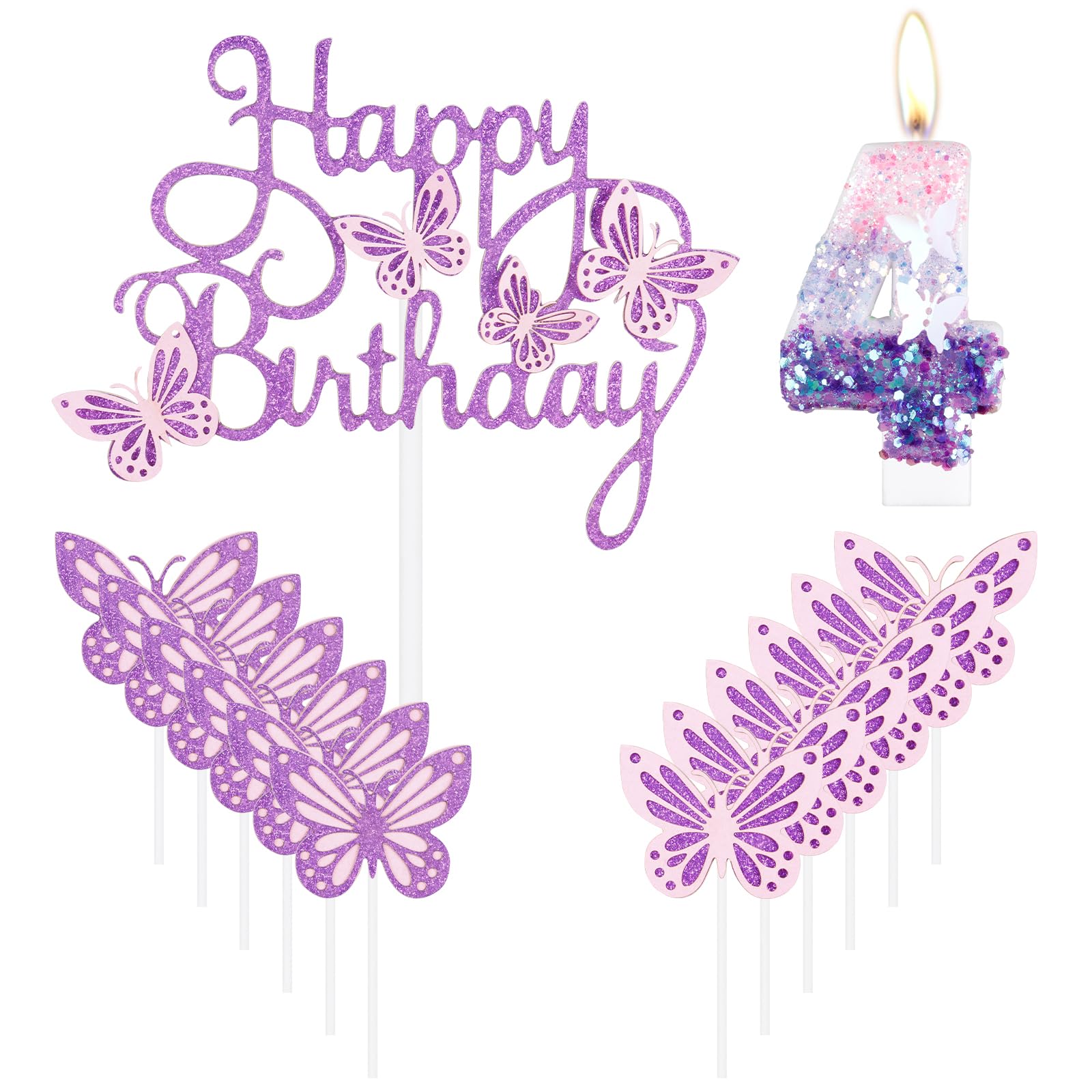 Photo 1 of iNINGER Birthday Candles,Number 4 Candle,Butterfly 4th Birthday Decorations for Women/Girl,Cupcake Candle for Party,Purple Handmade Sequin Numeral Candle Wedding Cake Topper Anniversary Party Decor