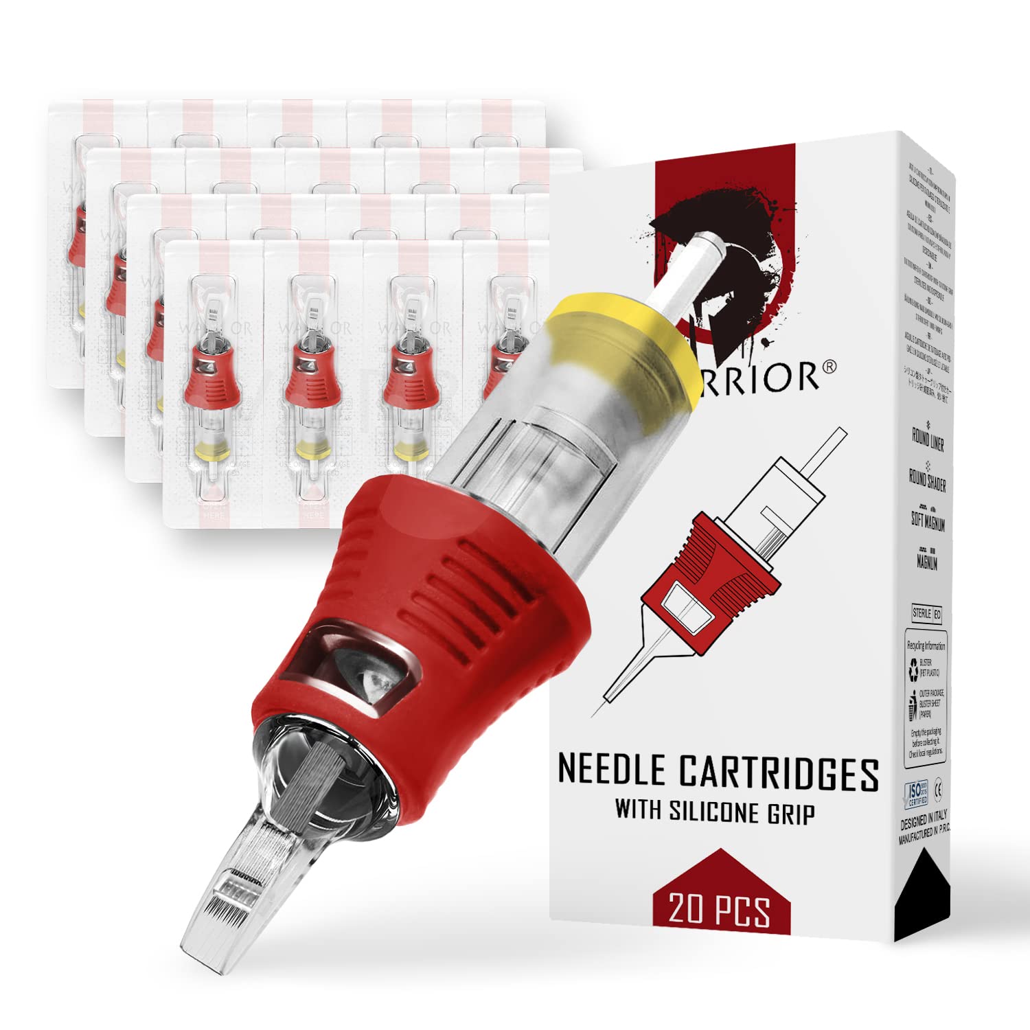 WARRIOR PRO Tattoo Needle Cartridges with Silicone Rubber Handle Sterilized Tattoo Needle Cartridge Big Magnum 20pcs 316L Japanese Surgical Steel Permanent Makeup PMU(0.25MM-0807M1)