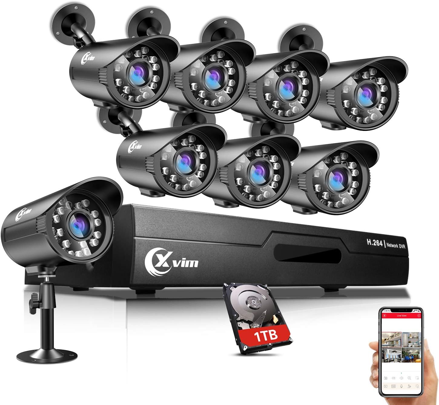 XVIM 8CH Home Security Camera System HDMI CCTV DVR Recorder with 1TB Hard Drive,8x720 Outdoor Video Surveillance Cameras 100ft Night Vision,Easy Remote Access on Phone