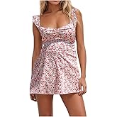 SOLY HUX Women's Boho Floral Mini Dress Lace Up Backless Sweetheart Neckline Vacation Sundress