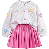 WDIRARA Toddler Girl's 2 Piece Outfits 3D Flower Button Down Cardigan and Pleated Aline Skirts Set