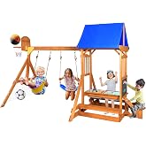Wooden Playground Sets for Backyards, Outdoor Swing Sets for Kids Ages 3-6 | small Outdoor Playset with Picnic Table, Drawing Board, Sandbox, Swings, Basketball Hoop &amp; Soccer Net for toddle