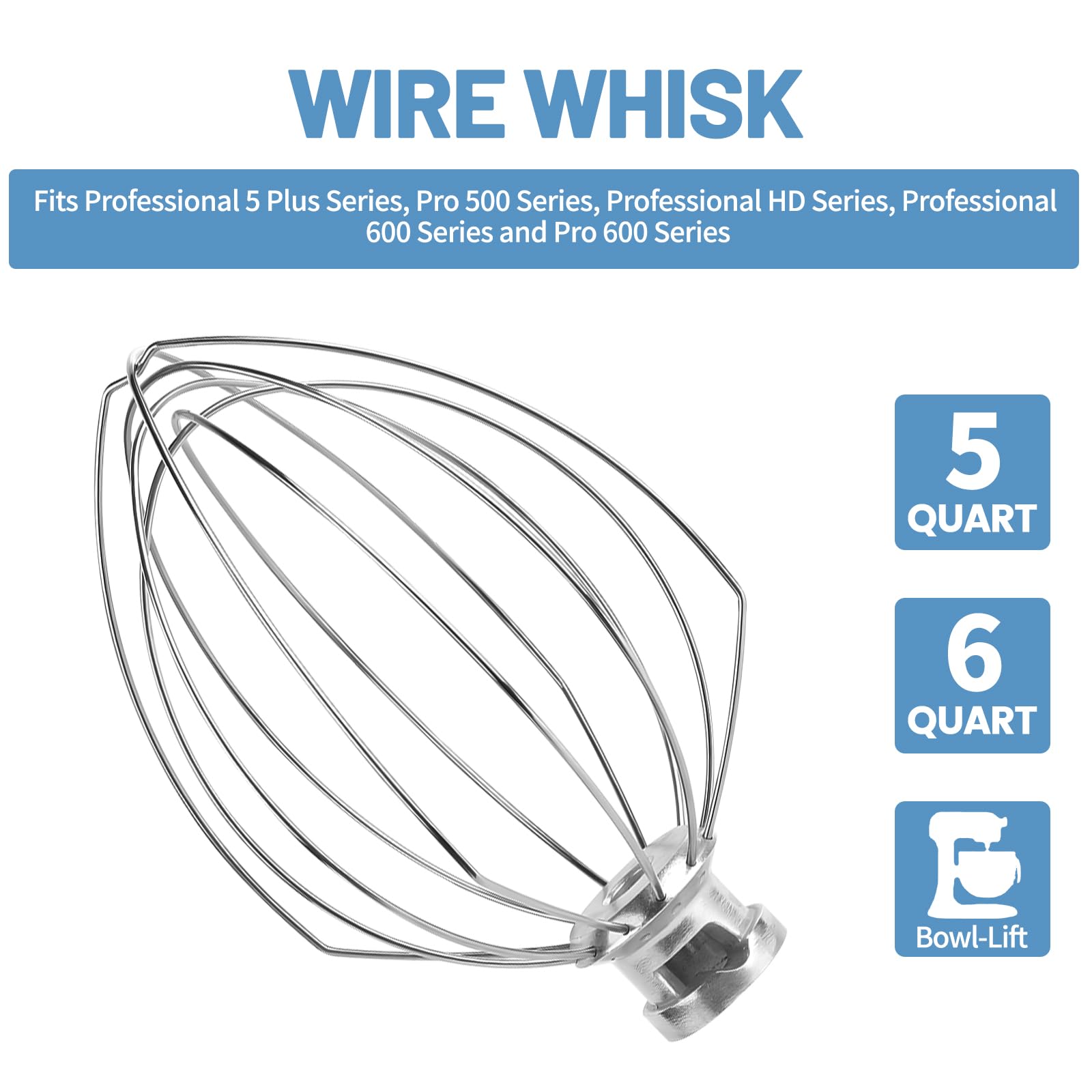 6 Wire Whisk Attachments Compatible with KitchenAid 5-6Quart Mixer, Bowl Lift Stand Mixer Accessories, 6-Quart Stainless Steel Whisk, Egg Cream, Cake Mayonnaise, For Multiple Models