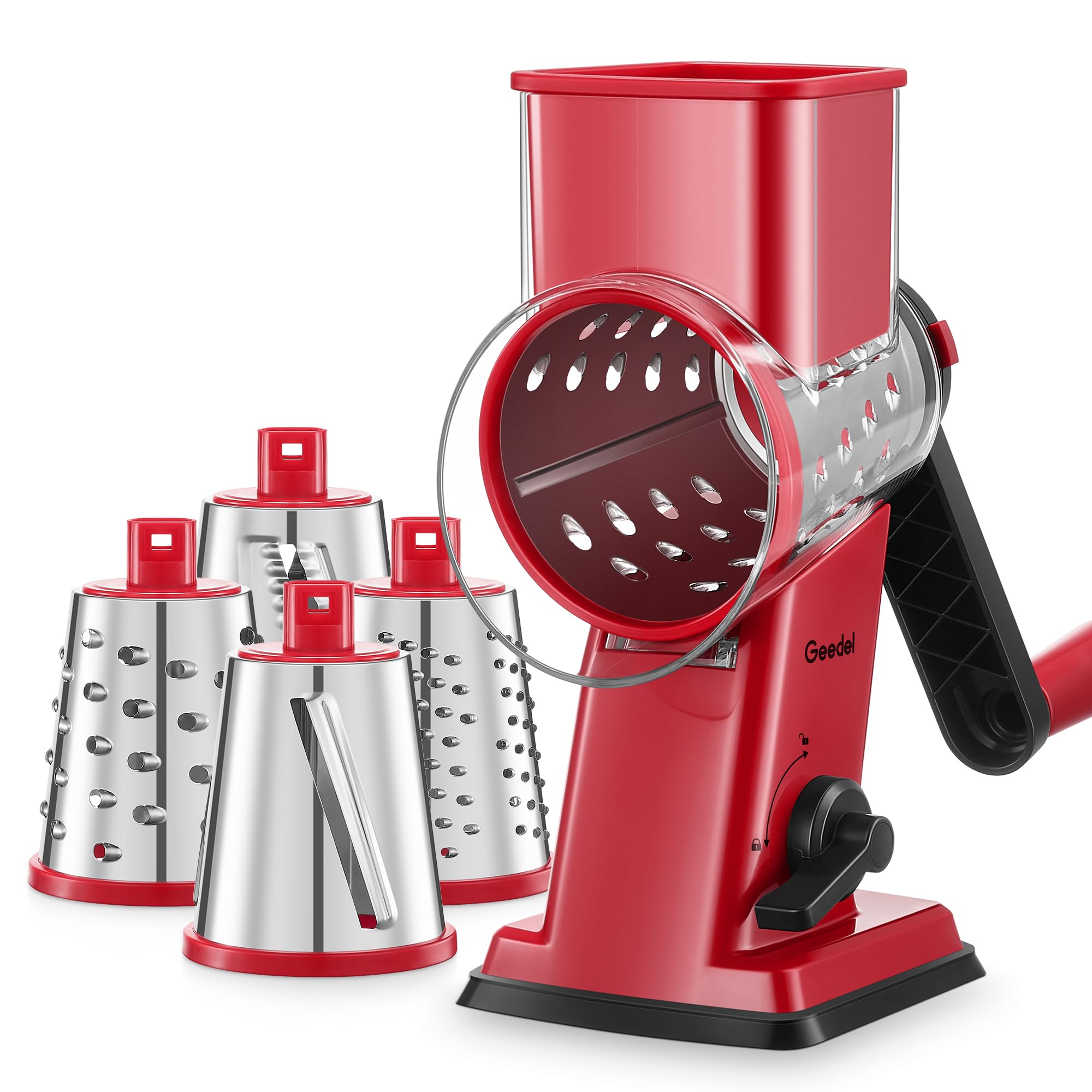 Photo 1 of Geedel Rotary Cheese Grater - Upgraded Vegetable Shredder with 4 Interchangeable Blades, Easy to Clean Cheese Shredder with Handle, Kitchen Grater Nuts Grinder for Cutting Cheese, Vegetable, Nuts