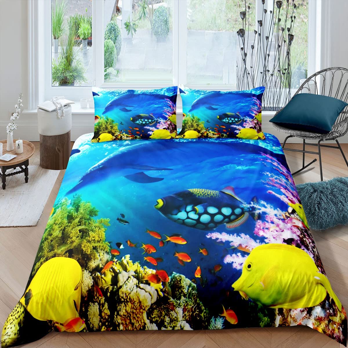 Ocean SeaLife Duvet Cover Dolphin Bedding Set Underwater Animal Bed Cover for Boys Girls Children Teens Aquarium Sealife Seaworld Bedspread Cover King Size — image 1