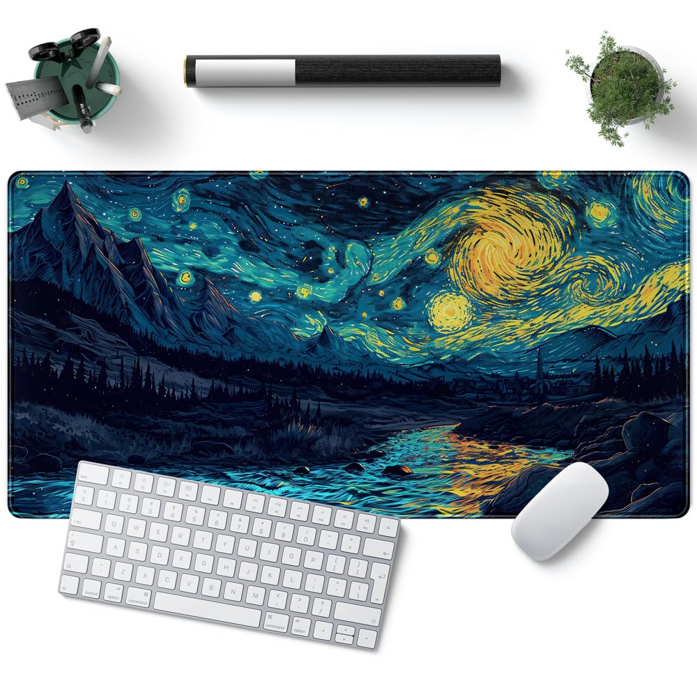 Photo 1 of Misty Forest Desk Pad Mat Vincent Van Gogh XL Mouse Pad Gaming Playmat Large Mousepad XXL Desk Laptop Pad Equipped with Waterproof Storage Bag Non-Slip Stitched Edges (31.5x15.7 in)
