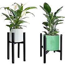 Amazon Com Chfine 植物架中世紀現代花盆架升級可調式室內 室外植物架不含花盆和植物黑色 2 件組 露臺 草皮與花園