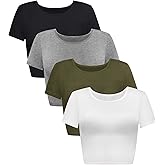 Syhood 4 Pack Summer Crop Tops for Women Basic Tight Short Sleeve Cute Trendy Scoop Neck Crop Tops for Women or Teen Girls
