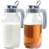 Mason Jar Pitcher 64 OZ (2 Pack) Wide Mouth Glass Pitcher With Pour Spout Lids 2 Quart Airtight Leak Proof Water Pitcher With Handle For Iced Tea, Milk, Sun Tea, Lemonade, Juice, Iced Coffee