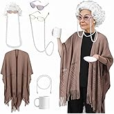 Floraltop 6 Pcs 100th Day of School Grandma Old Lady Costume Girls Granny Dress 100 Year Grandma Costume, Curly Granny Wig Brown Shawl Glasses Ceramic Mug and Pearl Chains for Old Woman Cosplay Party