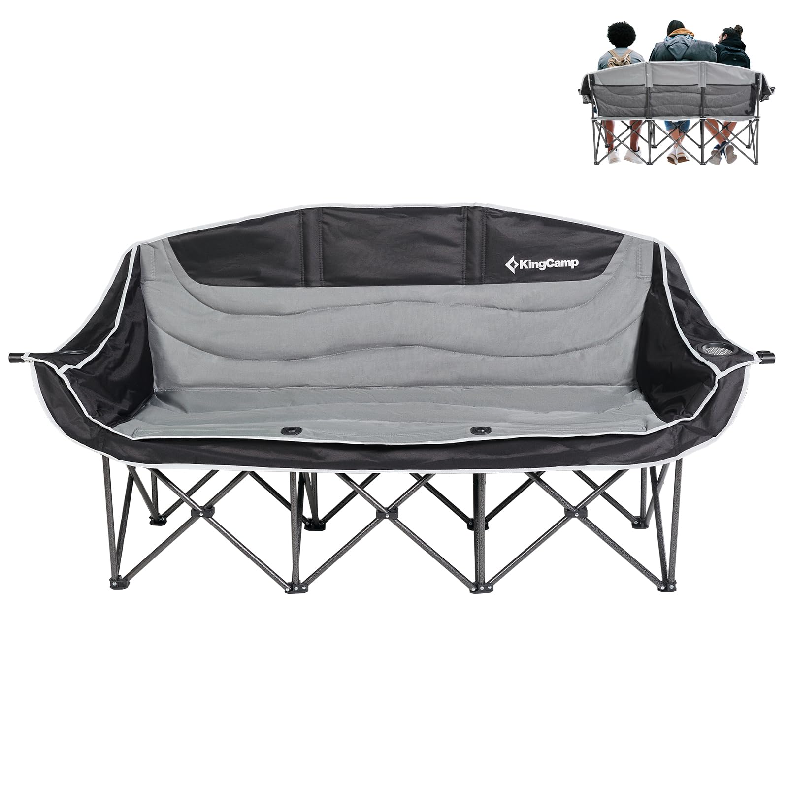 Photo 1 of KingCamp 3 Person Camping Chair, Oversized 660lbs Heavy Duty Loveseat for Adults Portable Folding XL 2 Person Couch Padded Comfortable Three Seat with Cup Holder for Outdoor Lawn Backyard, Black/Grey