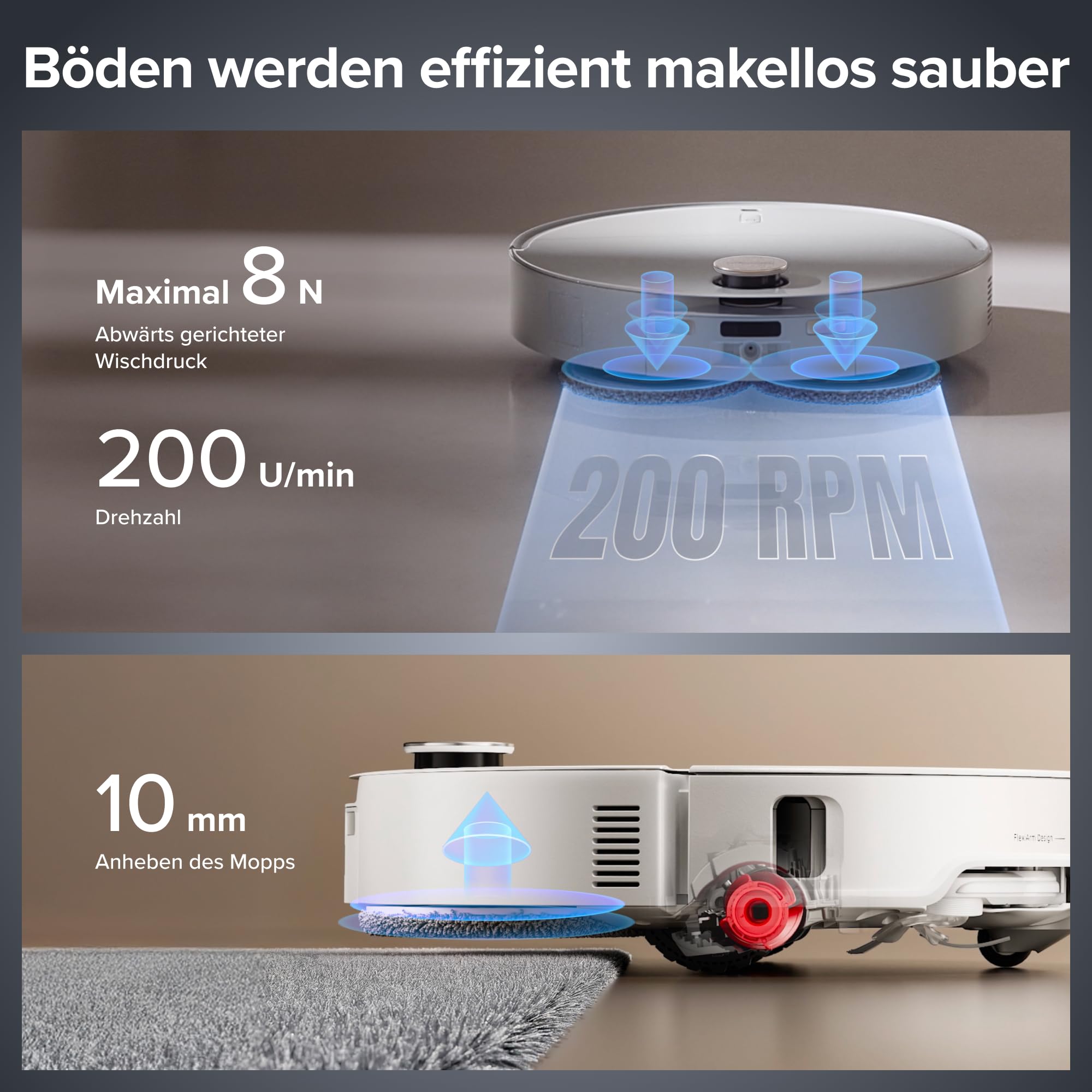 roborock Qrevo EdgeT Saugroboter mit Wischfunktion, Dual Anti-Tangle-System, 18.500Pa, 7,98cm Ultra-Slim Design, FlexiArm Technologie, 75℃ Heißwasser-Moppwäsche, Integrierter Sprachassistent (Weiß) 6