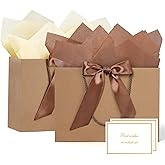 YoungTree 2PCS Medium Gift Bags with Ribbon and 2 Greeting Cards 4 Tissue Papers, Paper Birthday Gift Bags with Handles, Present Bags for Valentines Day Wedding Baby Shower Party Supplies (Kraft)