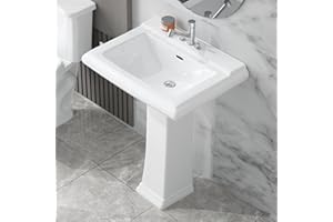 HOMLYLINK Pedestal Sink White 3 Hole, 26 x 20 Inch Large Bathroom Pedestal Sink Combo, Rectangular, 1 Overflow Hole, 3 Faucet Hole, Pure White Porcelain, for Bathroom