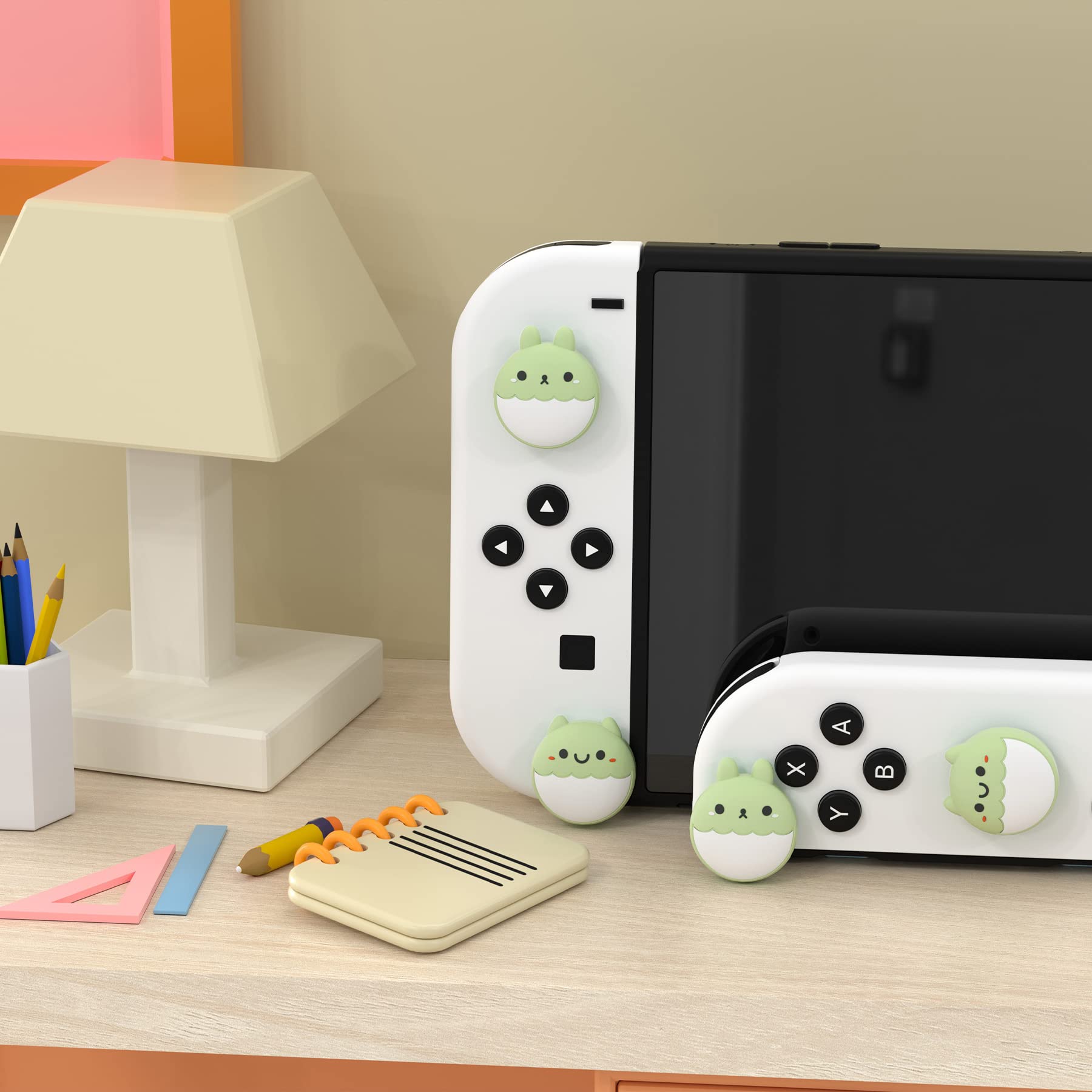 eXtremeRate PlayVital Rabbit & Squirrel Cute Switch Thumb Grip Caps, Matcha Green Joystick Caps for Nintendo Switch Lite, Silicone Analog Cover Thumbstick Grips for OLED Joycon