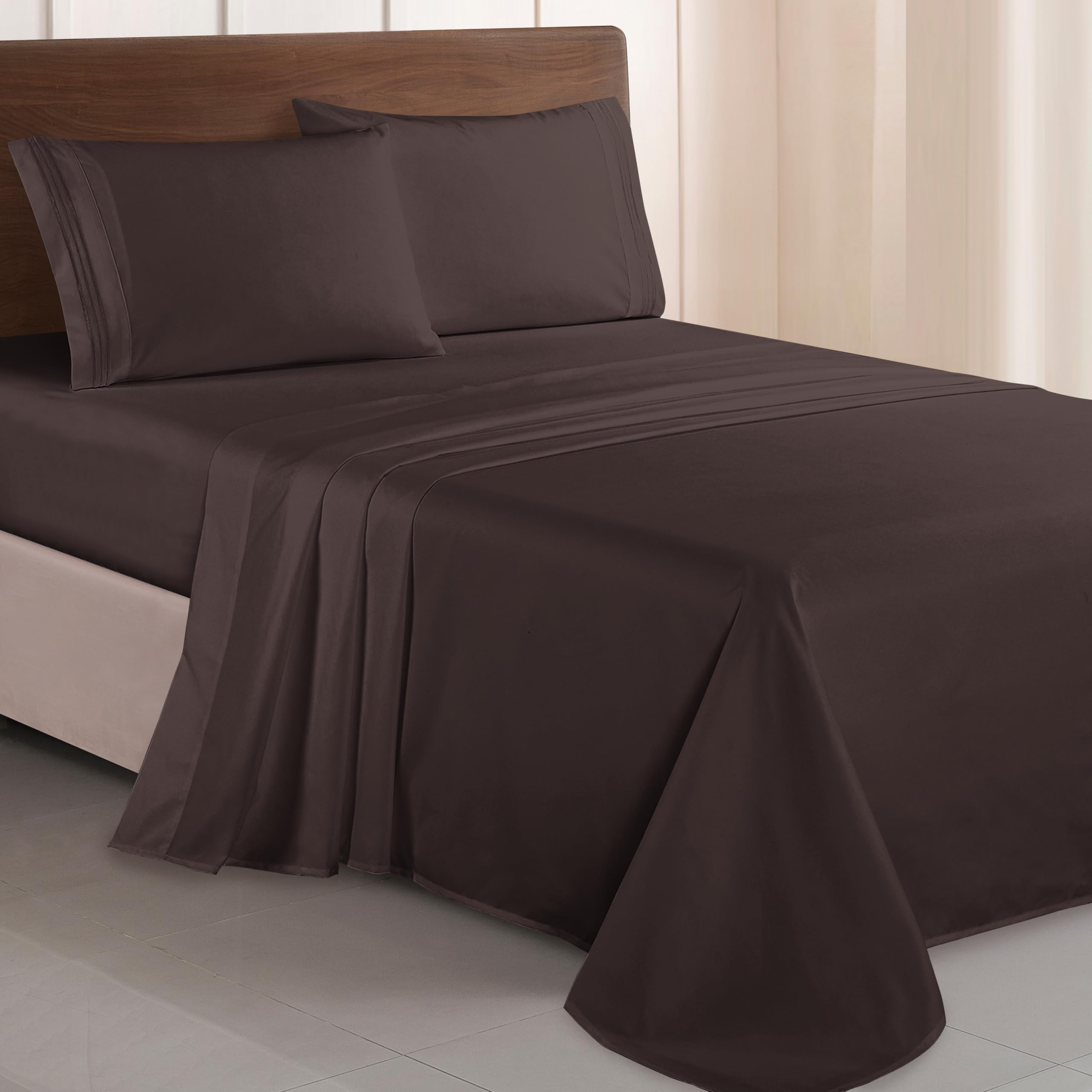 Elegant Comfort Luxurious 1500 Premium Hotel Quality Microfiber Three Line Embroidered Softest 4-Piece Bed Sheet Set, Wrinkle and Fade Resistant, Queen, Chocolate Brown — image 1