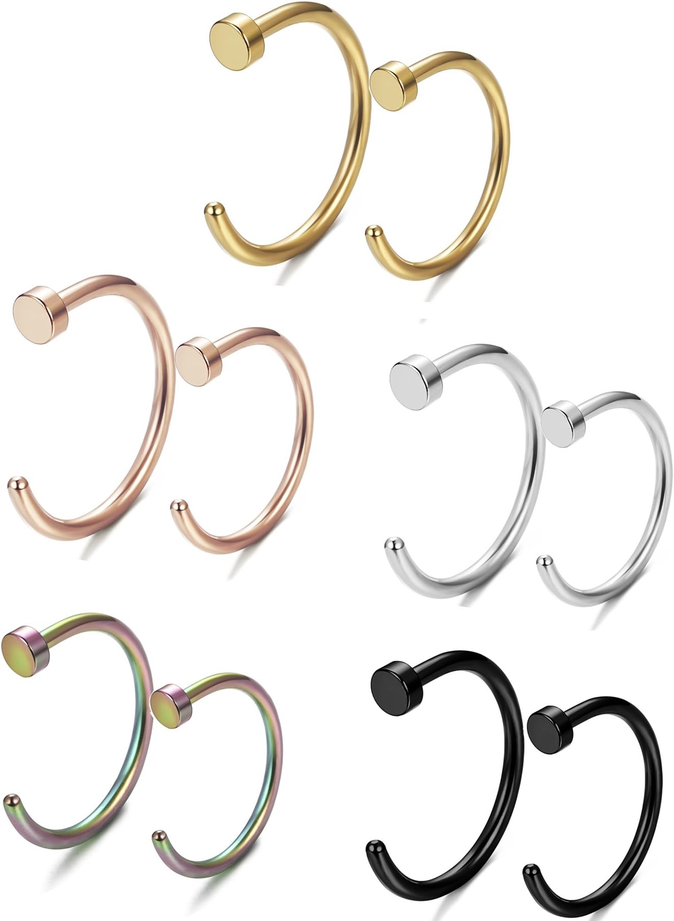 Fystir 18g Nose Rings for Women Men Small Nose Hoop Ring Rose Gold Black 10 Pcs Set 8 mm 10 mm