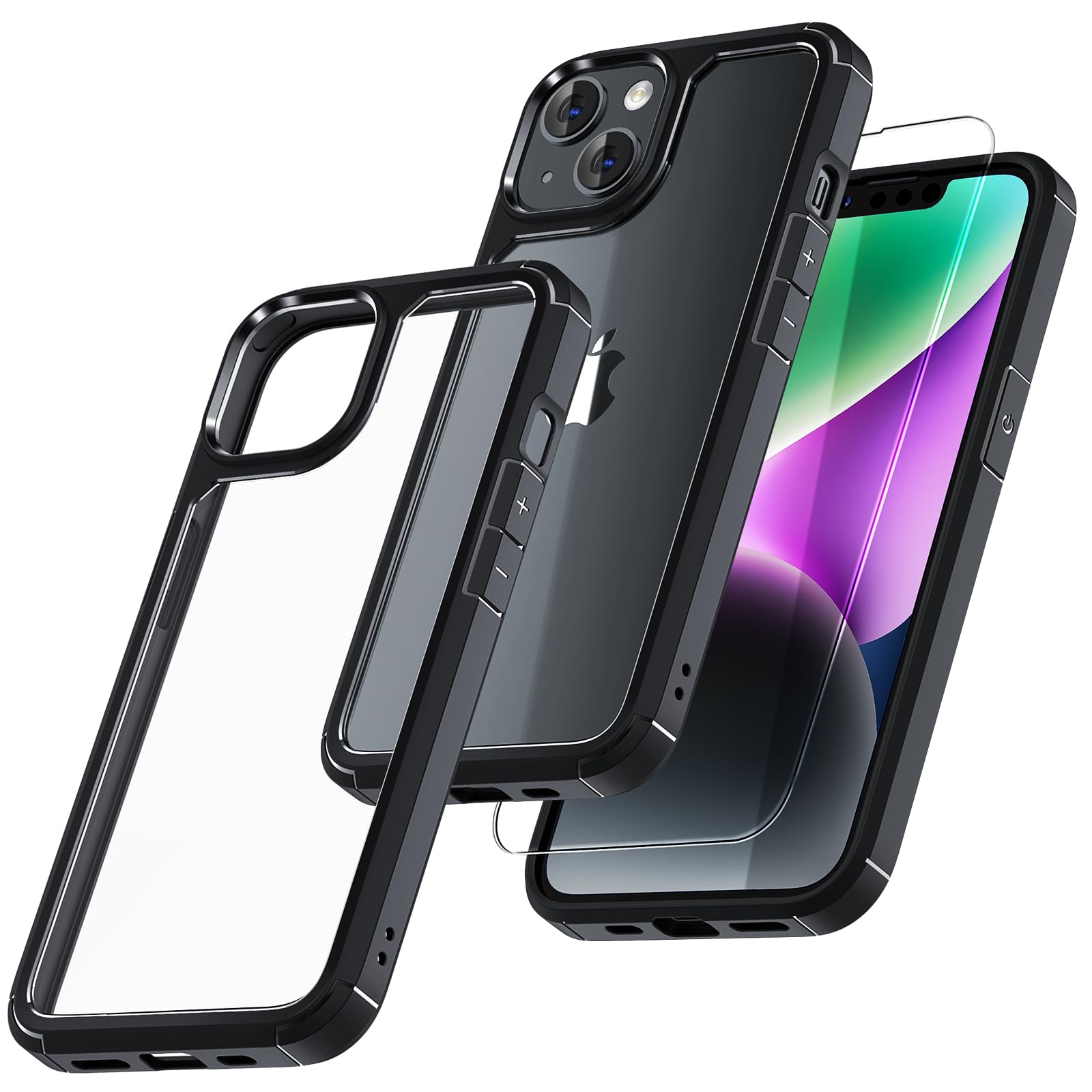 TAURI Defender Black Case for iPhone 14 6.1", [Not Yellowing] and Screen Protector, [Military Grade Drop Protection] Shockproof Slim iPhone 14 Case Upgrade