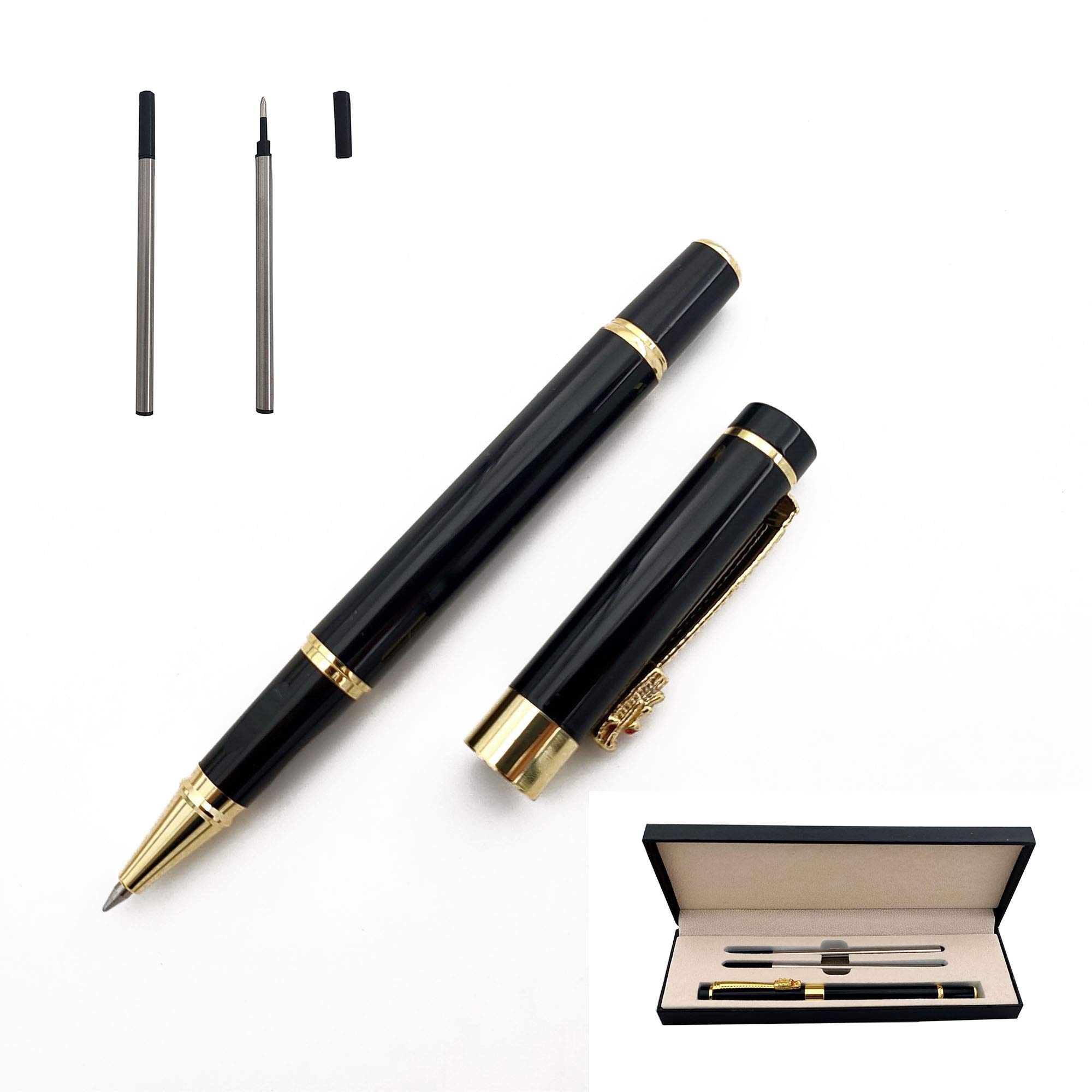 Accod Classic Business Metal Ballpoint Pen Signature Pen Rollerball Gel Pen High-end Gift Box with Two Replaceable Refills for Office Family and Business Partners (Black)