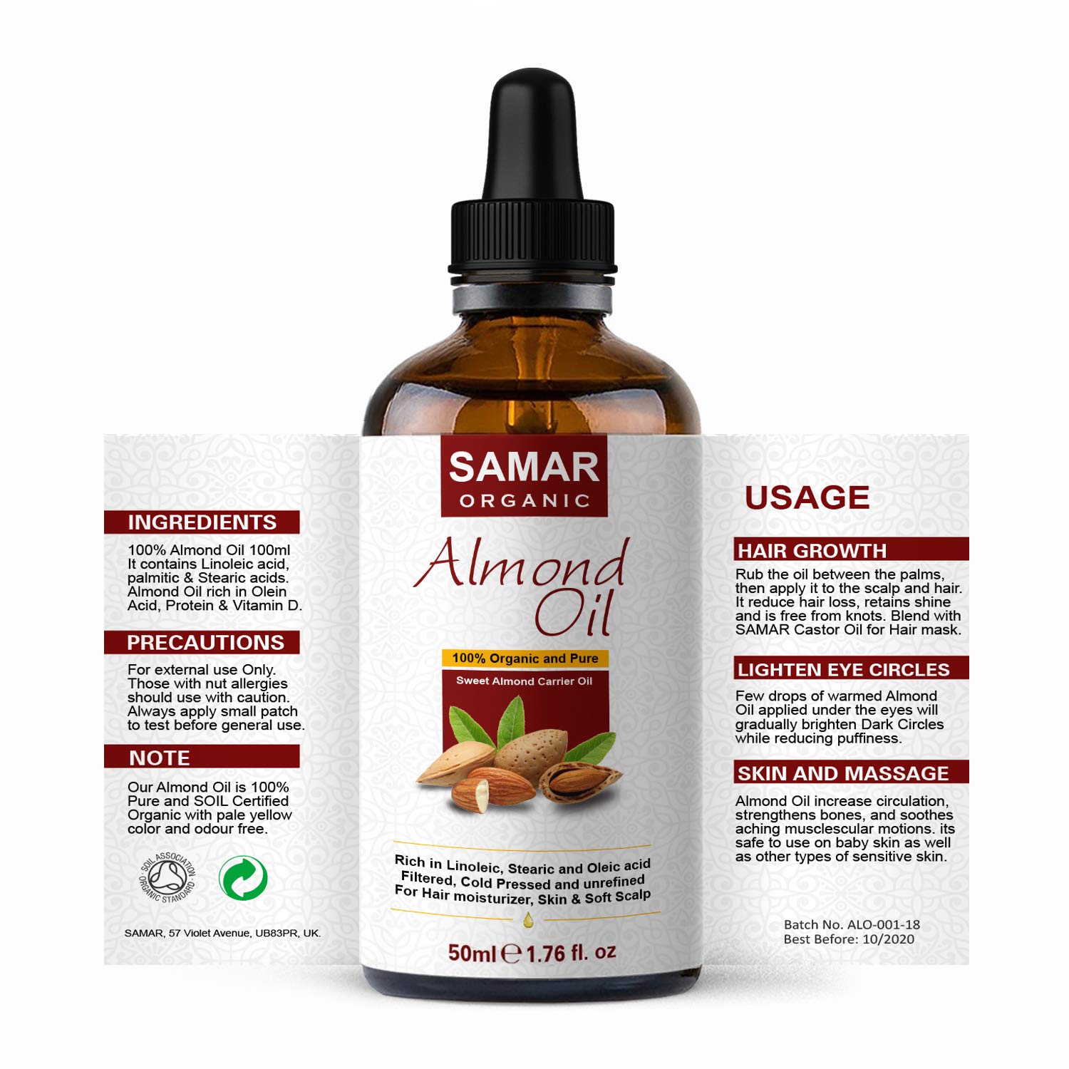 Almond Oil - Premium Quality 100% Pure and Certified Organic Sweet Almond Oil, Cold Pressed, Unrefined, Non-GMO. Ideal for Natural Hair Growth, Face Moisturizer, Makeup Remover and Body Massage 50ml