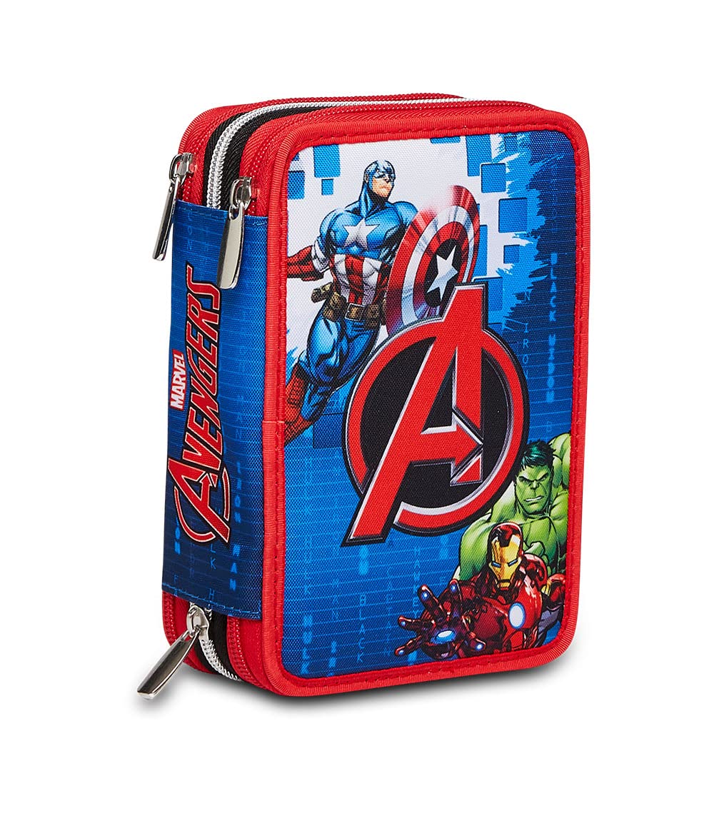 Seven 3 Compartments Primary School Pencil Case – Avengers Earth's Mighty Her, Blue – Content 43 Pieces – Complete with Pencils, Markers etc. – Pencil Case School Children Elementary, Blue, Taglia Unica,