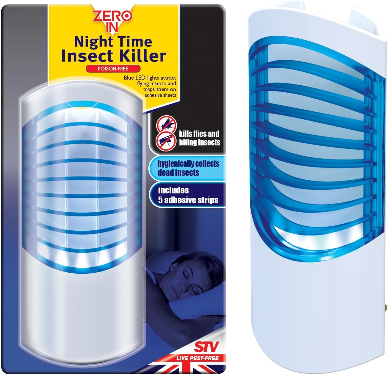 Zero In Night Time Insect Killer Kills Flies, Moths, and Midges Hygienic Disposal Poison-Free UV LED lamp Includes 5 Adhesive Sheets