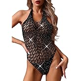 Exlif Women Colorful Fishnet Sparkly Bodysuit Sexy Rhinestone Mesh Teddy One Piece Lingerie