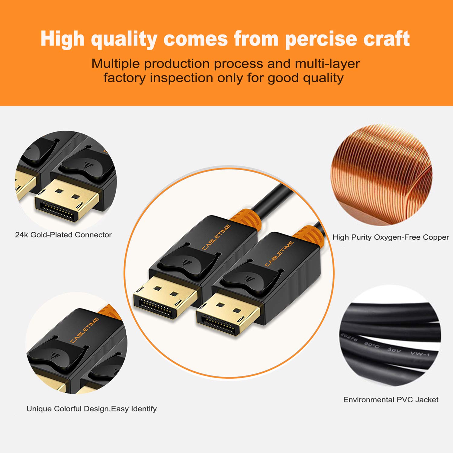 DisplayPort to DisplayPort Cable,CABLETIME Gold Plated DisplayPort 1.2 Compatible DP to DP Cord 4K Resolution Ready for DisplayPort enabled systems and monitors (3 Feet (1M))