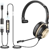 Wantek USB Headset with Microphone for PC, Wired On-Ear Headphones, Noise Cancelling Mic, USB/3.6mm/Type-C Headsets for Home Office, Work, Call Center, Online Courses, Skype, Zoom（Gold）
