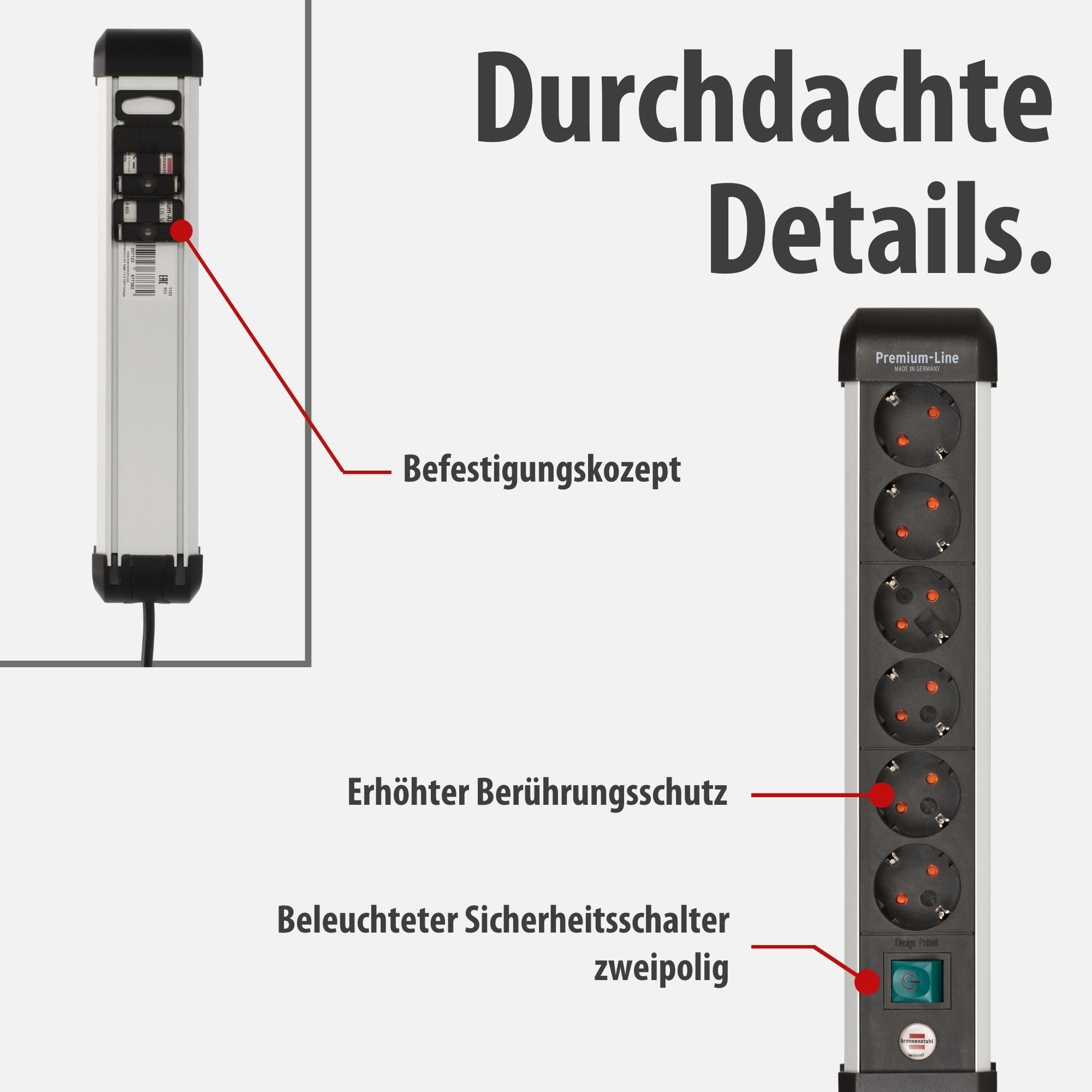 Brennenstuhl Premium-Alu-Line Steckdosenleiste 6-Fach/Steckerleiste aus hochwertigem Aluminium (Mehrfachsteckdose mit Schalter und 3m Kabel, Made in Germany) 4