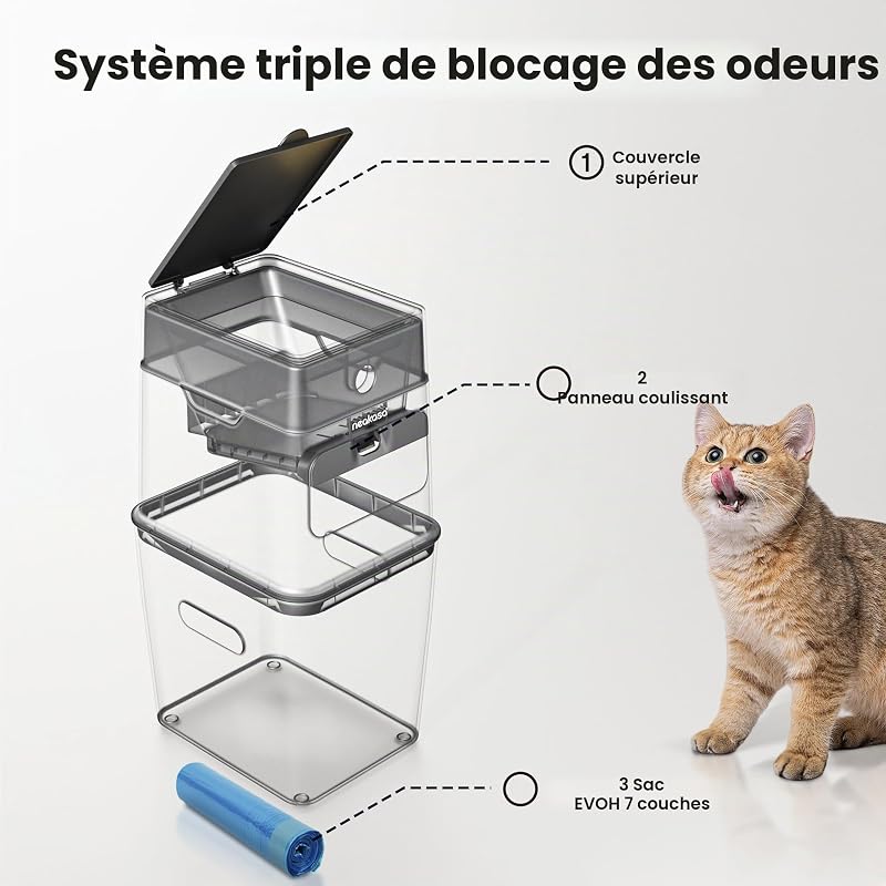 PooGuard Poubelle à litière pour chat, déjections canines et couches, avec fenêtre de visualisation, ouverture plus large et sac de recharge de 4 mois (gris)