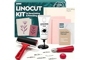 BLUVIZO Linocut Tools Block Printing Kit: Stamp Carving Printmaking Kit Supplies with Rubber Blocks, Ink, Brayer, Linoleum Cutters, Tracing Papers, Guide for Beginners Hobby DIY Gift