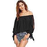 SheIn Women's Off Shoulder Slit Sleeve Tie Cuff Blouse Top