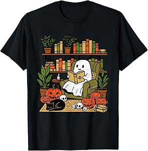 Ghost Library Reading Books Halloween Librarian Teacher T-Shirt