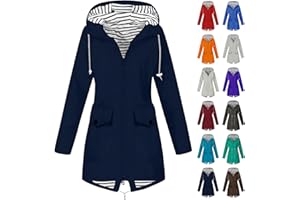 Rkwins Rain Jacket Women Waterproof with Hood Striped Lined Rain Jacket Elastic Waist Mid Length Windbreaker Zip Up Raincoat