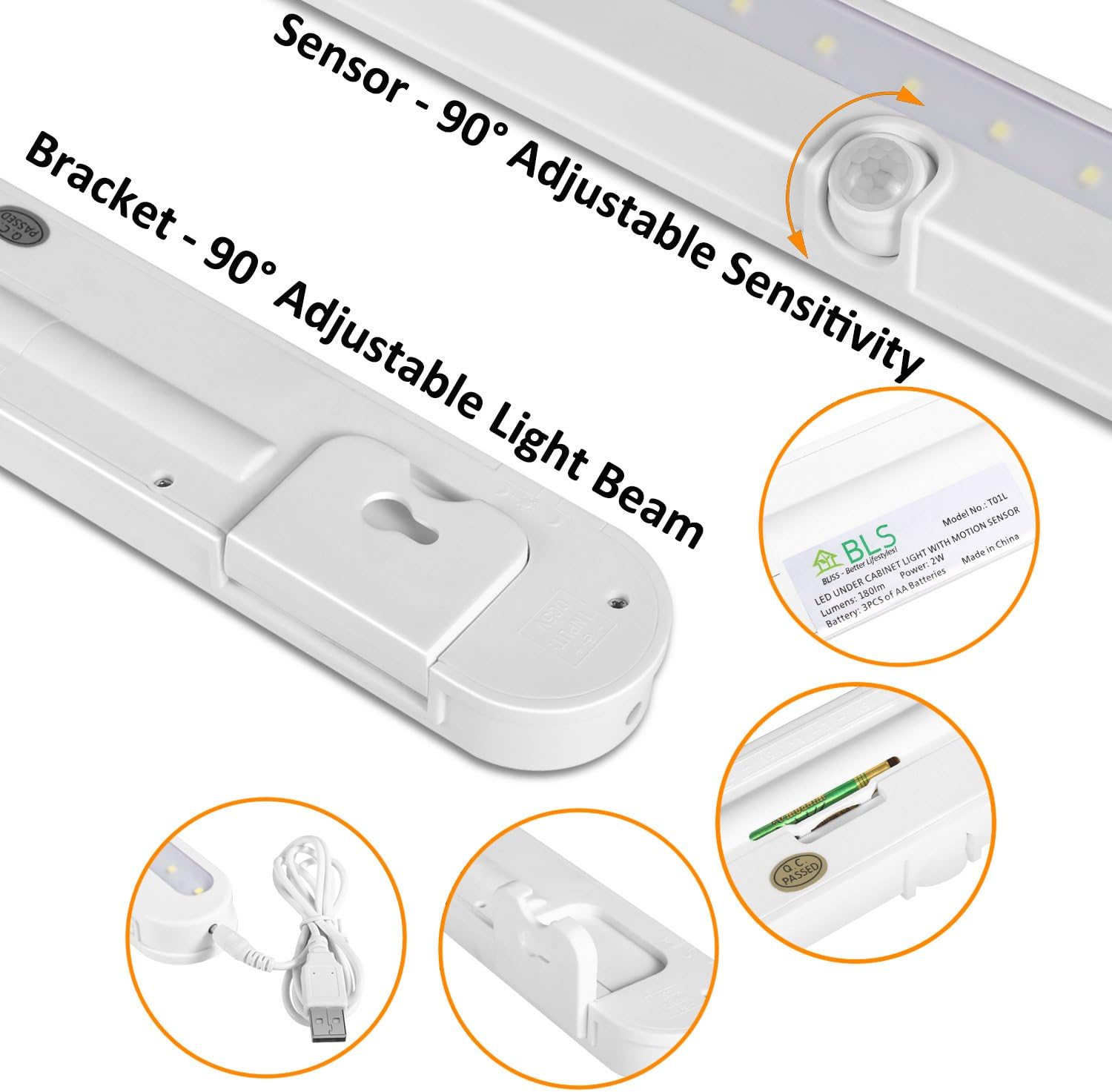 T01L LED Closet Light - BLS Super Bright 20 LED Under Cabinet Lighting Battery Powered/DC Input Wireless Motion Sensing Light, Auto On Off Switch, Motion Sensor & Light Sensor, Light Beam Adjustable - - 