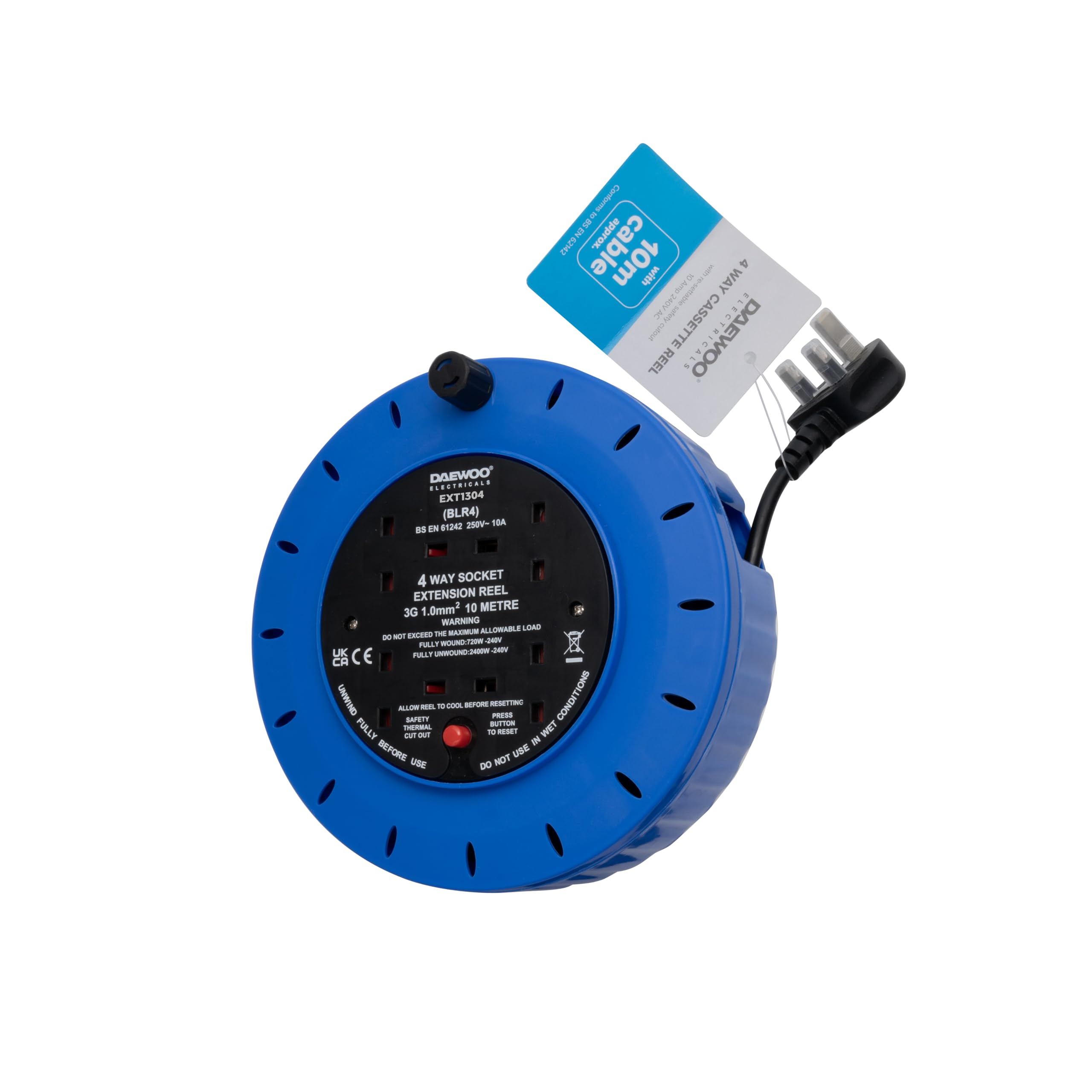 Daewoo Extension Reel, 4 Gang 10 Metres Cassette Reel, with Resettable Safety Cut Out