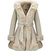 GRAN ORIENTE Suede Jacket for Women with Faux Fur Collar,Long Sleeve Warm Winter Parka Coat with Belt Outerwear