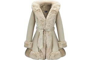 GRAN ORIENTE Suede Jacket for Women with Faux Fur Collar,Long Sleeve Warm Winter Parka Coat with Belt Outerwear