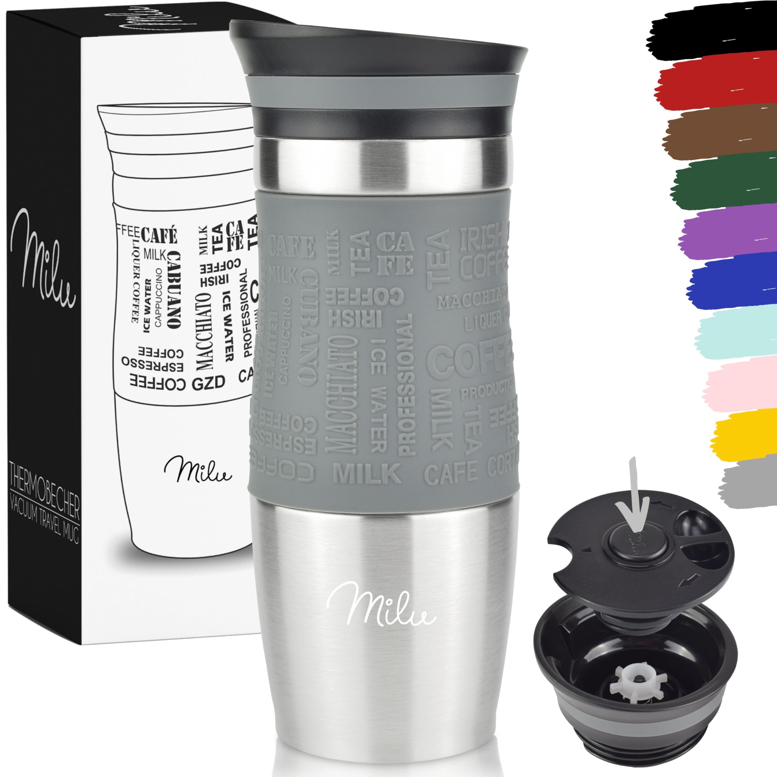 Milu Travel Mug 370ml 450ml - Insulated Coffee Cup to go - 100% Leak Proof - Stainless Steel Drinking Mug - Car Mug Double Wall Insulation Thermo Coffee Flask (Grey, 370ml) — image 1